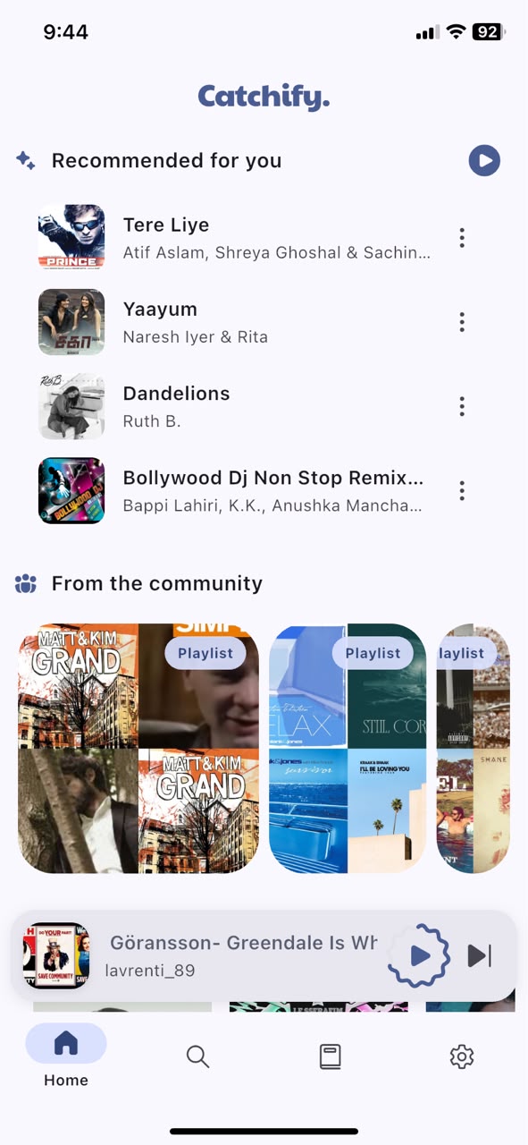 Catchify home screen with personalized music recommendations and community playlists