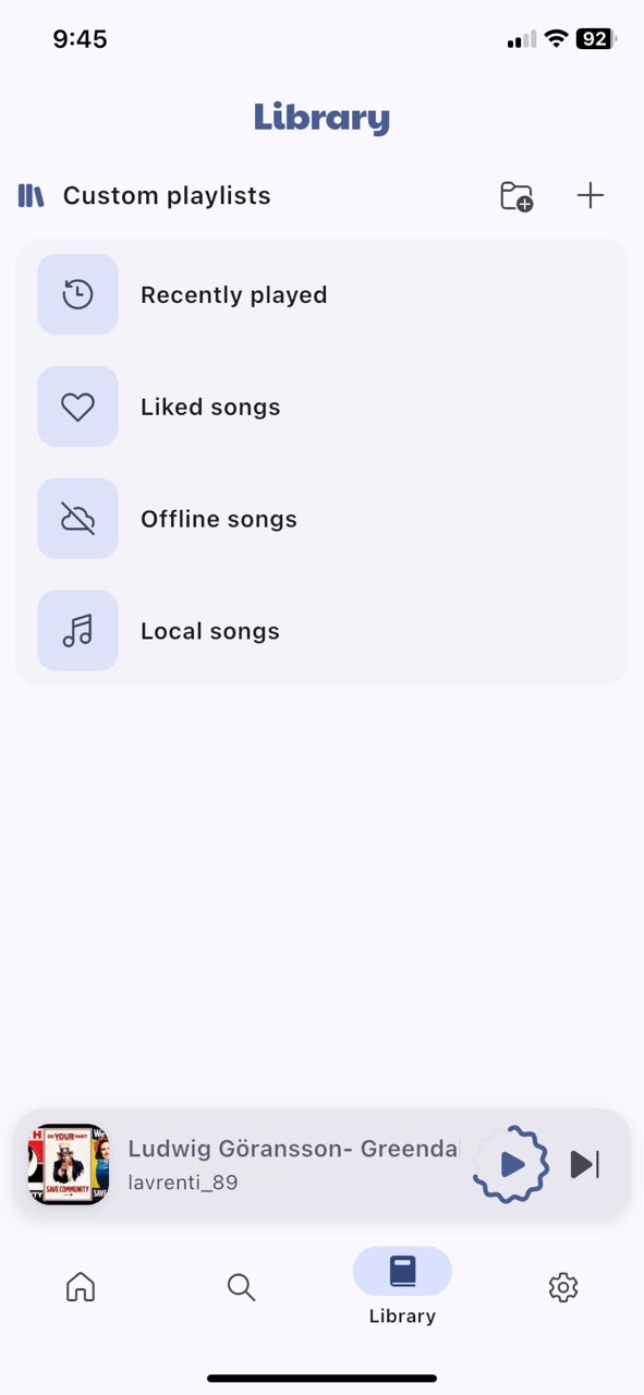 Catchify library with liked songs, offline songs, and custom playlists