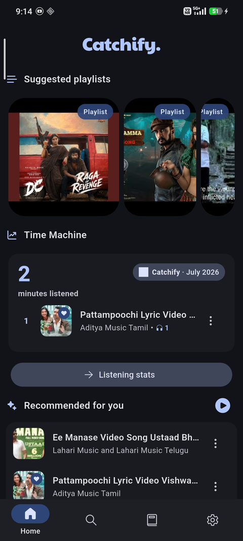 Catchify home screen showing suggested playlists and recommended songs
