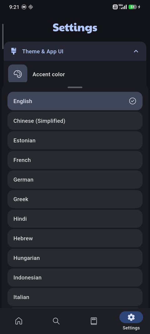 Catchify language selection screen listing supported languages