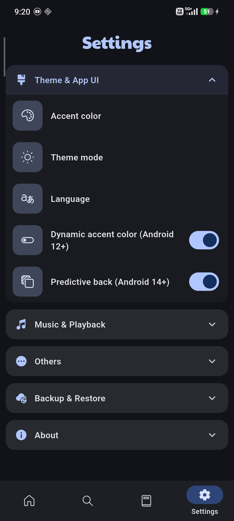 Catchify settings screen with theme, language, and playback options
